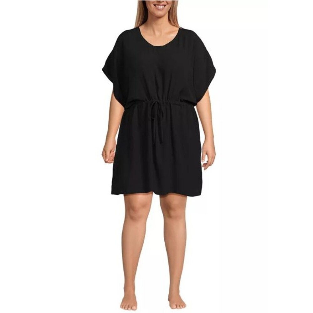 Lands End Crinkle Short Sleeve Swim Cover-up Dress XL Navy Gathered Waist Kaftan